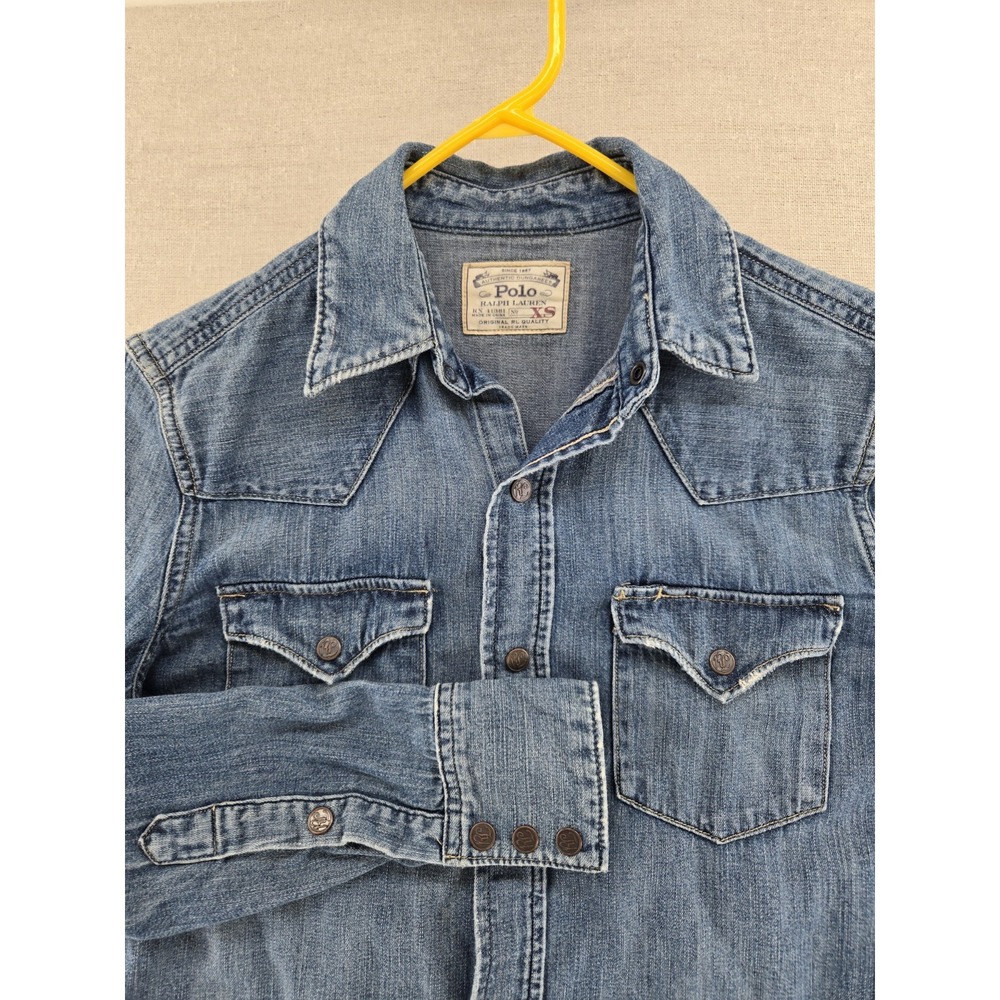 Vtg Polo Ralph Lauren Womens XS Denim Western Snap Front Shirt Pearl Snap Blue